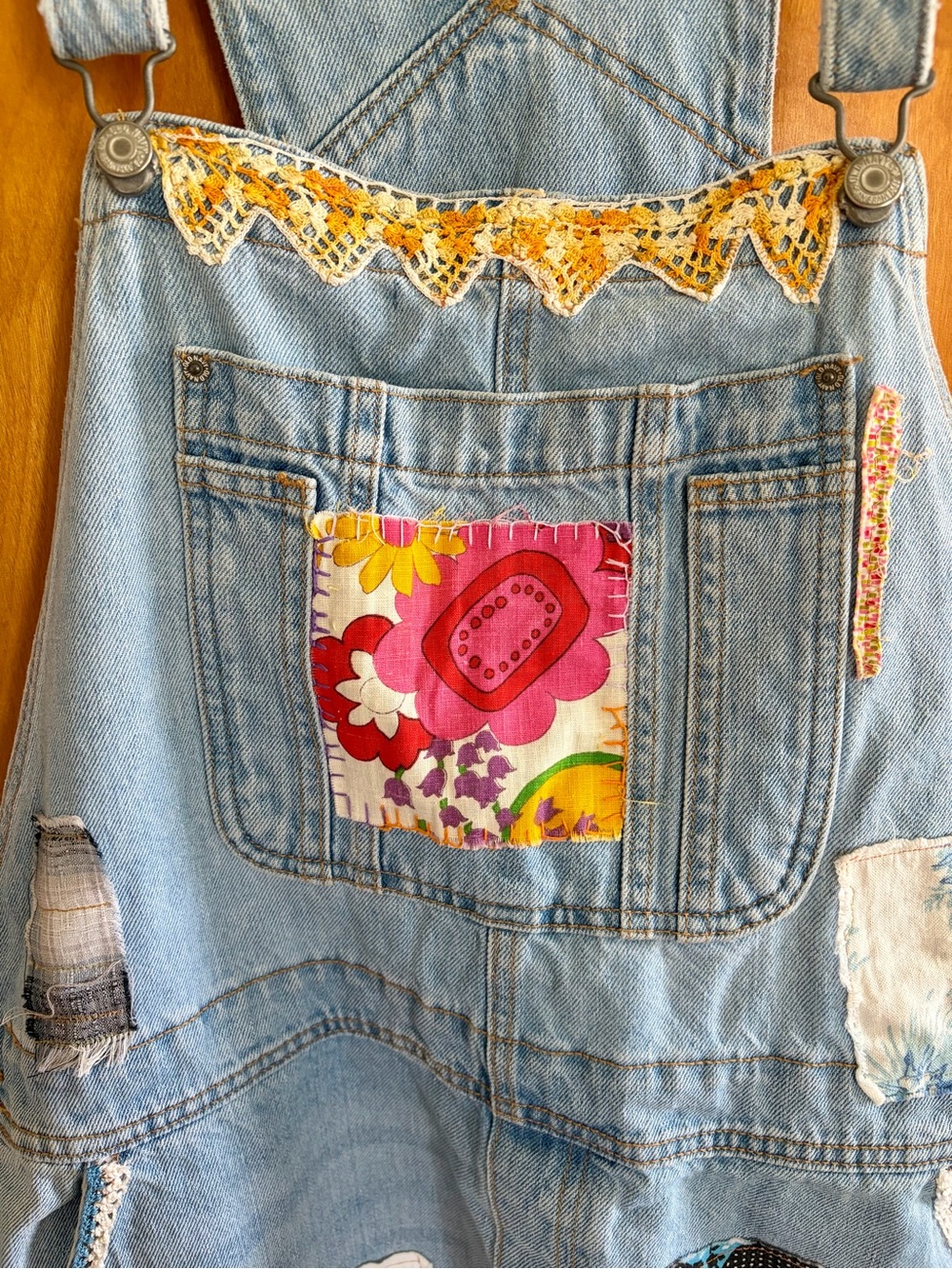 Adorable Old Navy Light Blue Denim Colorful Patchwork Overalls - Picture 3 of 13